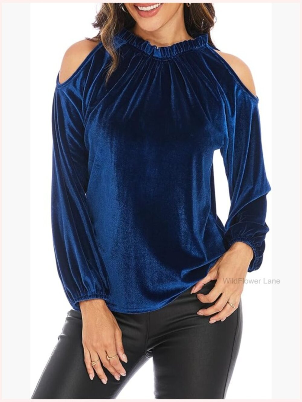 Women's Velvet Cold Shoulder Long Sleeve Mock Neck Blouse Frill Trim
